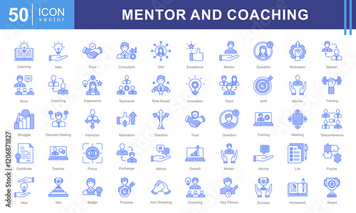 Mentor and Coaching icon collection set. Containing coach, students, presentations, guidance, trainee program and learning materials. Great for education, workshops, or self development services.