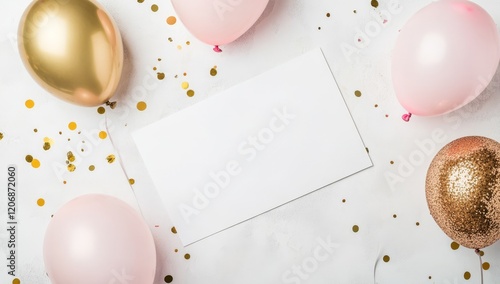 Blank card surrounded by pink and gold balloons and confetti. (2)
