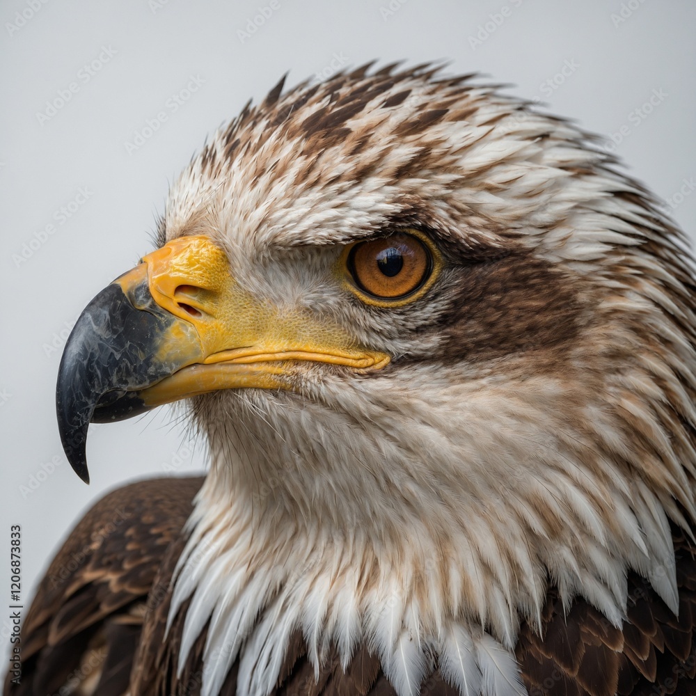 Obraz premium A close-up of an eagle's sharp gaze, its eyes glowing brightly, on a white background.