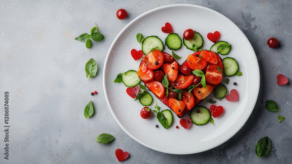 Healthy Heart Concept. Fresh salad arranged in a heart shape with strawberries and cucumbers. Healthy Heart Concept. Fresh salad arranged in a heart shape with strawberries and cucumbers.