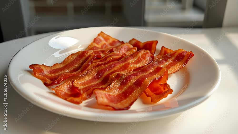 Crispy Cooked Bacon Slices on a White Plate, Perfect for Delicious Breakfast or Brunch Recipes Crispy Cooked Bacon Slices on a White Plate, Perfect for Delicious Breakfast or Brunch Recipes