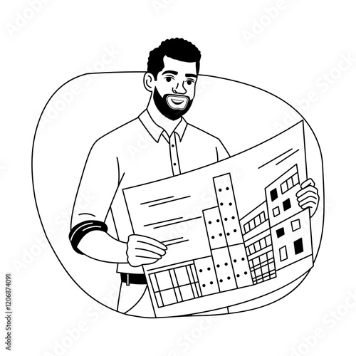 A glyph illustration of a city planner holding a construction map
