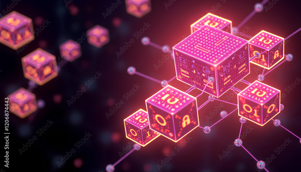 Naklejka premium Digital Blockchain Network Represented by Glowing Cubic Nodes and Connections