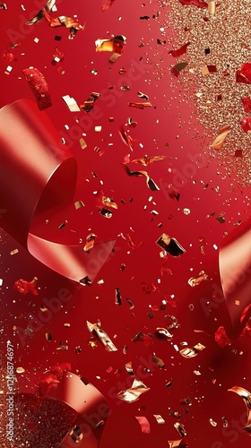 Festive Red Abstract Background with Golden Confetti and Ribbons: Dynamic 3D Design for Celebratory Marketing. AI-Generated Luxury Poster Elements with Flowing Curves and Copy Space. Versatile Backdro