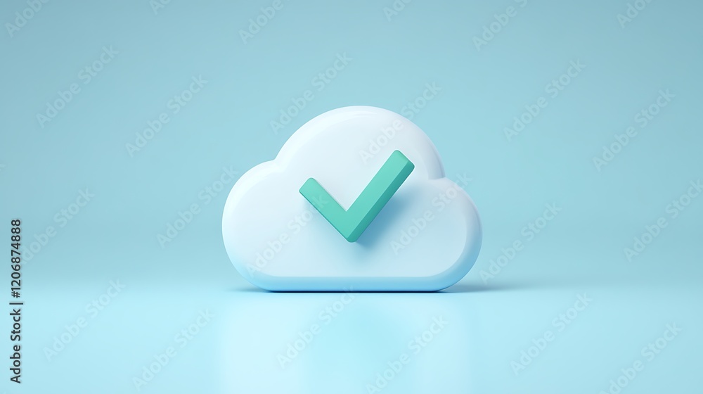 Cloud symbol with checkmark against a soft blue background representing digital approval and security concepts