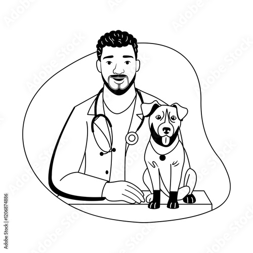 A glyph illustration of a veterinarian with a dog 

