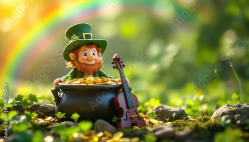 Cheerful leprechaun with gold pot and violin in a lush green meadow photo