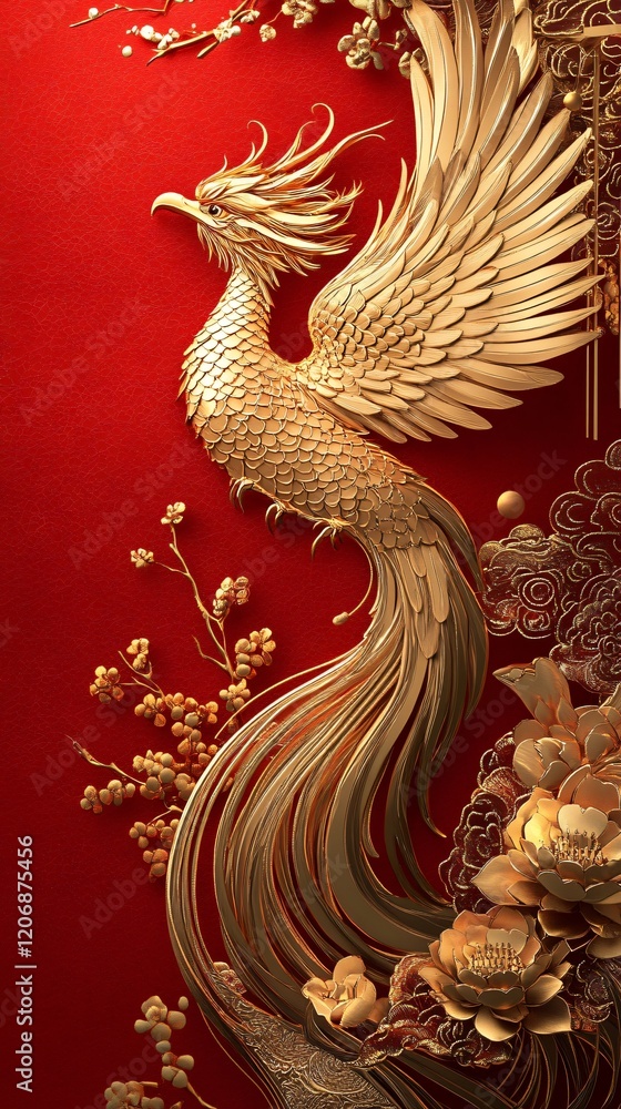 Fototapeta premium Elegant golden phoenix bird rising against a vibrant red background, surrounded by intricate floral designs and ornamental patterns
