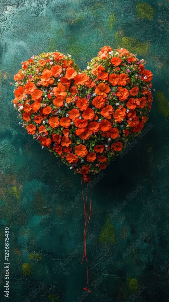 Vibrant heart shaped floral arrangement adorned with lively orange blooms against a deep green backdrop Vibrant heart shaped floral arrangement adorned with lively orange blooms against a deep green backdrop