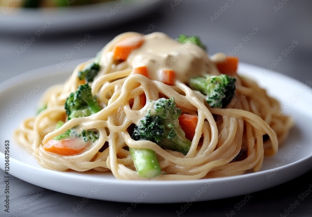 Creamy pasta with broccoli, carrots, and asparagus. Creamy pasta with broccoli, carrots, and asparagus.