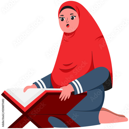 Muslim Woman Memorizes Al-Quran Verses Illustration
