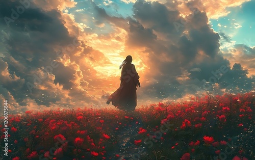 Digital art portrait woman red flowers field tranquility