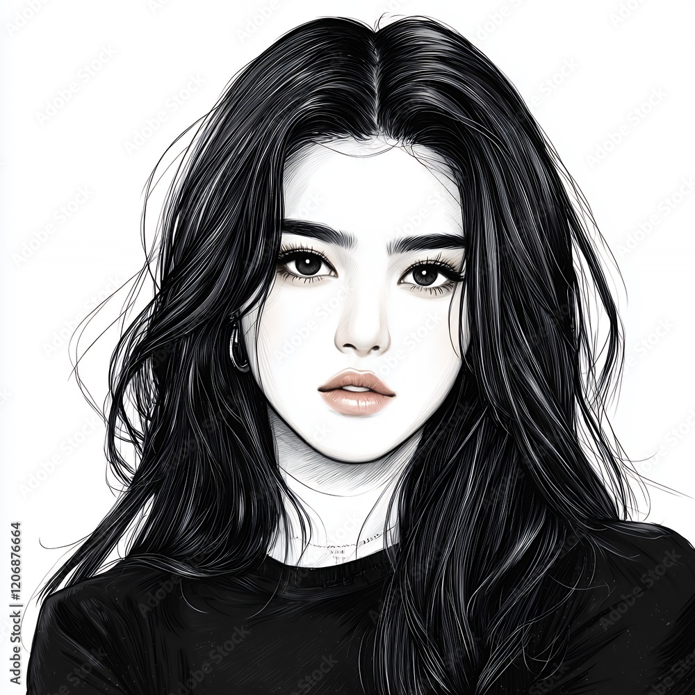 Fototapeta premium Portrait of a Young Woman with Long Hair and Natural Makeup