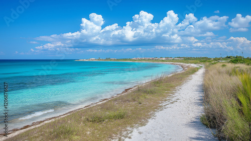 A stunning summer scene where the azure ocean meets the clear blue sky, creating an endless expanse of water under radiant sunlight. White fluffy clouds float gracefully above, enhancing the serene 
