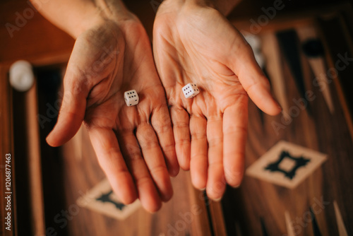 A close-up shot of two hands holding dice with visible dots, set against a backgammon board. The image highlights the dice roll and the board's wooden design, evoking a moment of gameplay or decision photo