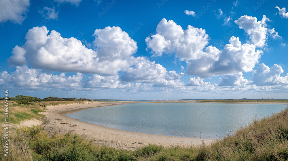 A stunning summer scene where the azure ocean meets the clear blue sky, creating an endless expanse of water under radiant sunlight. White fluffy clouds float gracefully above, enhancing the serene A stunning summer scene where the azure ocean meets the clear blue sky, creating an endless expanse of water under radiant sunlight. White fluffy clouds float gracefully above, enhancing the serene