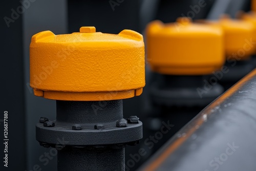 Bright yellow caps on industrial pipes showcasing detailed engineering in a manufacturing facility photo