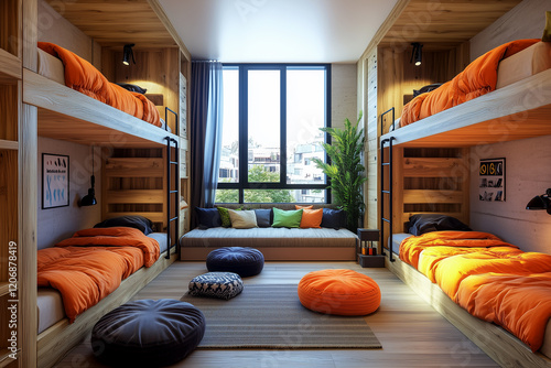 A vibrant hostel dormitory room featuring bunk beds with colorful bedding, individual lockers, a cozy seating area for travelers, and large windows letting in natural light