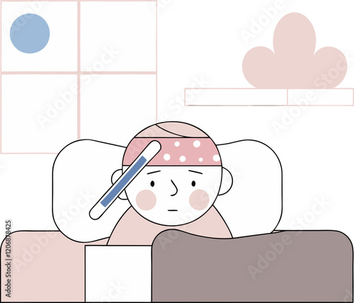 Sick Child in Bed with Thermometer.
