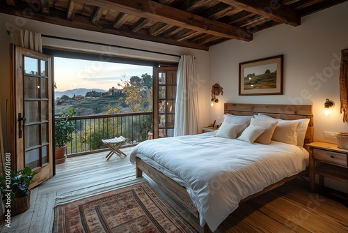 A cozy guesthouse bedroom with a comfortable double bed, rustic wooden furniture, soft lighting, and a balcony overlooking a scenic countryside