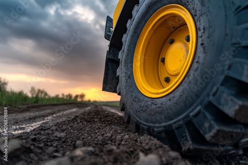 Tractor tire rolling on freshly tilled earth during sunset in a rural landscape