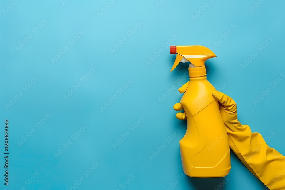 Hand in yellow gloves holding spray bottle on blue background. Cleaning concept Hand in yellow gloves holding spray bottle on blue background. Cleaning concept
