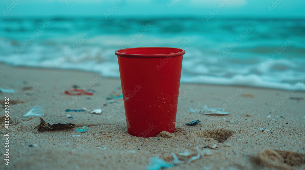 Red Plastic Cup on Abandoned Beach Surrounded by Plastic Waste Near Ocean Waves Red Plastic Cup on Abandoned Beach Surrounded by Plastic Waste Near Ocean Waves