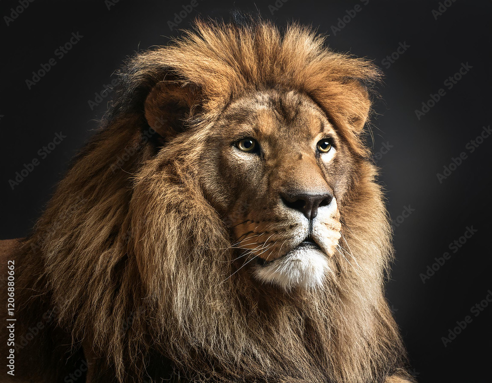 Obraz premium Majestic lion portrait with a striking mane, exuding strength and regality against a dark background, ideal for wildlife enthusiasts and nature lovers