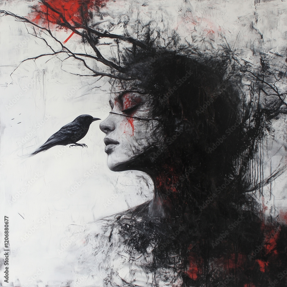 Fototapeta premium A woman with her head turned sideways, gazing toward a bird flying toward her, creating a serene and captivating moment. 