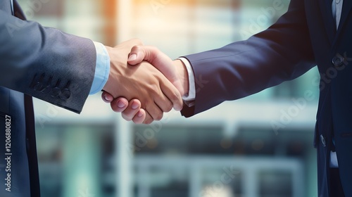 Business professionals engage in a firm handshake to seal a successful deal in a modern office space during the afternoon
