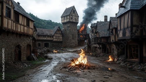 A medieval village with burning structures, smoke rising, and a gloomy atmosphere, depicting destruction and chaos.