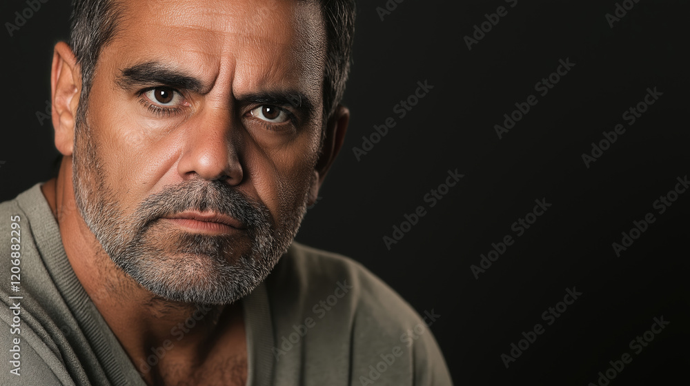 Man with gray beard in olive shirt on black background. Portrait and character content Man with gray beard in olive shirt on black background. Portrait and character content