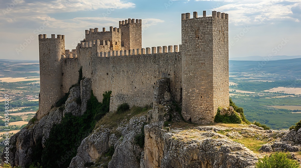 A majestic stone castle perched on a rock formation, with a panoramic view of the surrounding landscape. The castle's tall walls and towers suggest it was strategically built to defend against. A majestic stone castle perched on a rock formation, with a panoramic view of the surrounding landscape. The castle's tall walls and towers suggest it was strategically built to defend against.