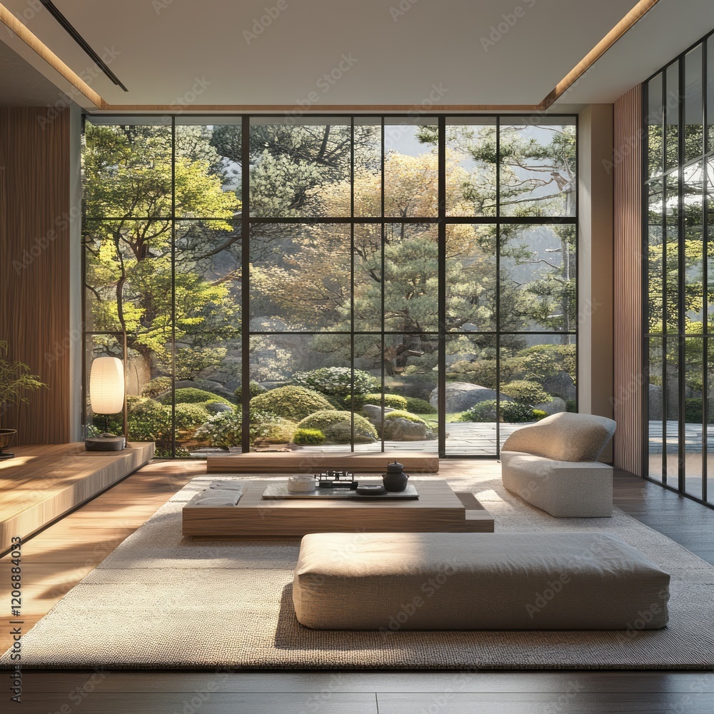 Fototapeta premium Serene Modern Living Room With Expansive Garden View