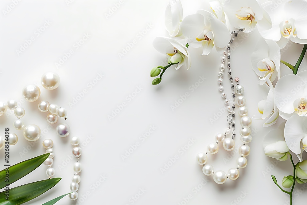 White orchids and pearl necklace on white background White orchids and pearl necklace on white background