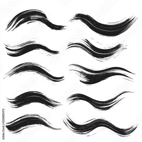 Twelve black wavy brush strokes isolated on white background.