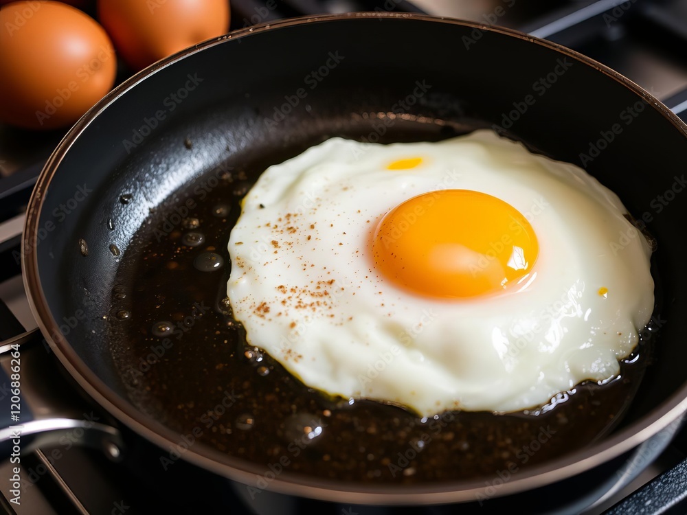 Fried egg sunny side up in black skillet with seasoning on stovetop, appetizing, culinary Fried egg sunny side up in black skillet with seasoning on stovetop, appetizing, culinary