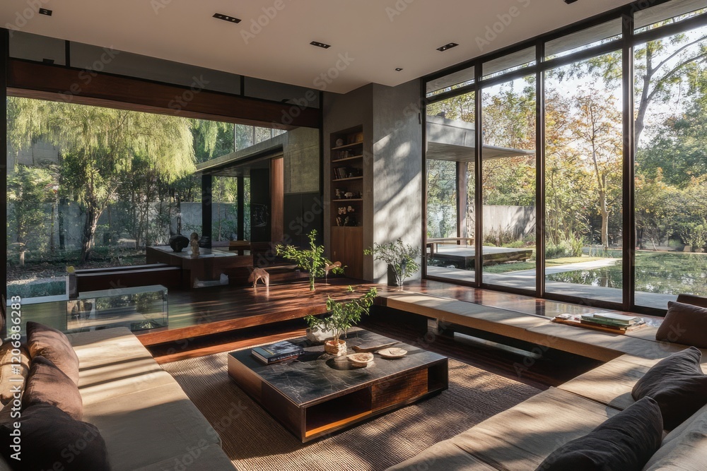 Fototapeta premium Modern minimalist living room with garden view