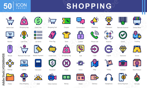 Shopping icon collection set. Containing add to cart, remove, basket, bag, shopping bag, discounts, credit cards, and storefronts. Perfect for e-commerce, retail stores, or product marketing.