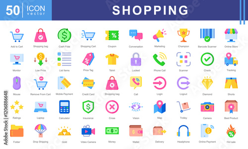 Shopping icon collection set. Containing add to cart, remove, basket, bag, shopping bag, discounts, credit cards, and storefronts. Perfect for e-commerce, retail stores, or product marketing.