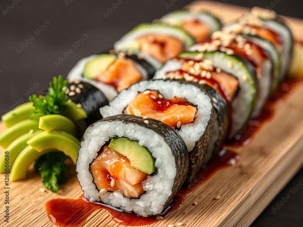 Close-up of delicious grilled salmon sushi roll with avocado and cucumber, topped with sesame seeds and drizzled with eel sauce, avocado, presentation Close-up of delicious grilled salmon sushi roll with avocado and cucumber, topped with sesame seeds and drizzled with eel sauce, avocado, presentation