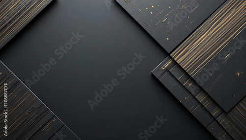 Stylish abstract background featuring black rectangular panels with gold streaks arranged in a geometric pattern, exuding an elegant and modern aesthetic suitable for design or presentation backdrops.