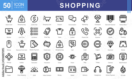 Shopping icon collection set. Containing add to cart, remove, basket, bag, shopping bag, discounts, credit cards, and storefronts. Perfect for e-commerce, retail stores, or product marketing.