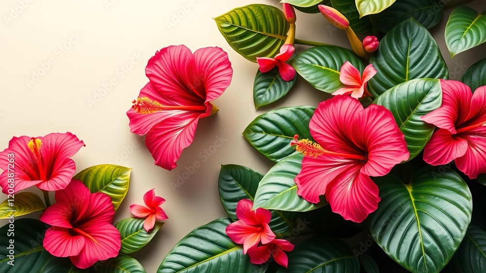 Fototapeta premium A vibrant Hawaiian style invitation and copy space template featuring various hibiscus flowers and monstera leaves, blank, Hawaii