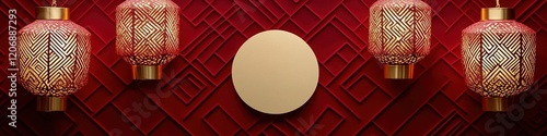 Festive Geometric Lantern: Abstract Chinese New Year Background with Gold and Red Papercut Elements. Modern Layered Design for Luxury Marketing. AI-Generated High-Resolution 8K Wallpaper for Posters a