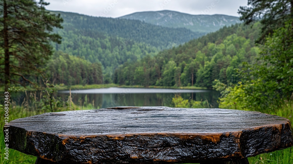 Fototapeta premium Serene Lakeside View Rustic Wooden Tabletop Peaceful Nature Scene