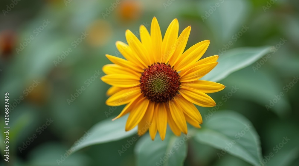 Bright sunflower in focus with a soft, green, blurred background in a garden setting Bright sunflower in focus with a soft, green, blurred background in a garden setting