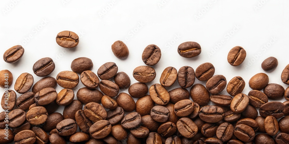 Naklejka premium A close-up view of roasted coffee beans scattered on a white surface, showcasing their rich color and texture.