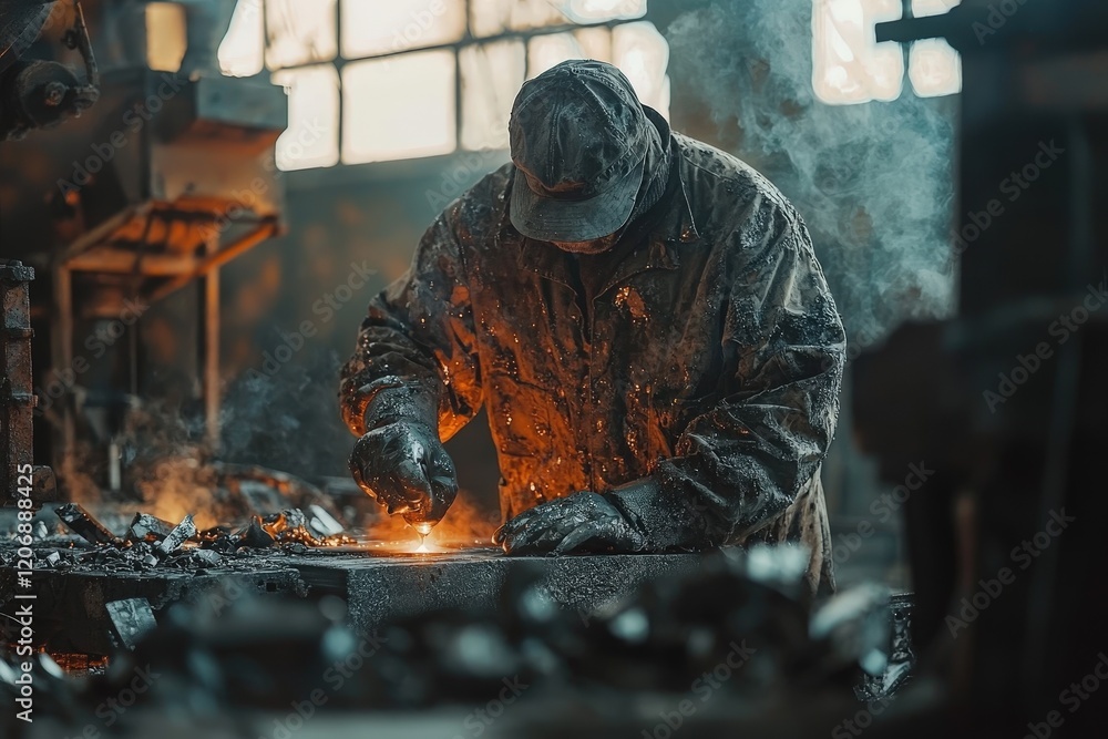 Foundry worker makes castings from liquid metal and various alloys Foundry worker makes castings from liquid metal and various alloys