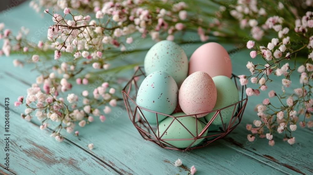 Obraz premium Vibrant pastel eggs nestled in a delicate wire basket surrounded by blooming flowers on a rustic wooden table